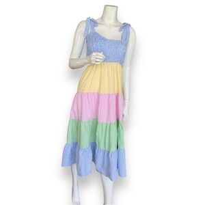 SHOW ME YOUR MUMU RAINBOW STRIPED TIERED RUFFLE MUMU MAXI DRESS WOMEN SZ MEDIUM